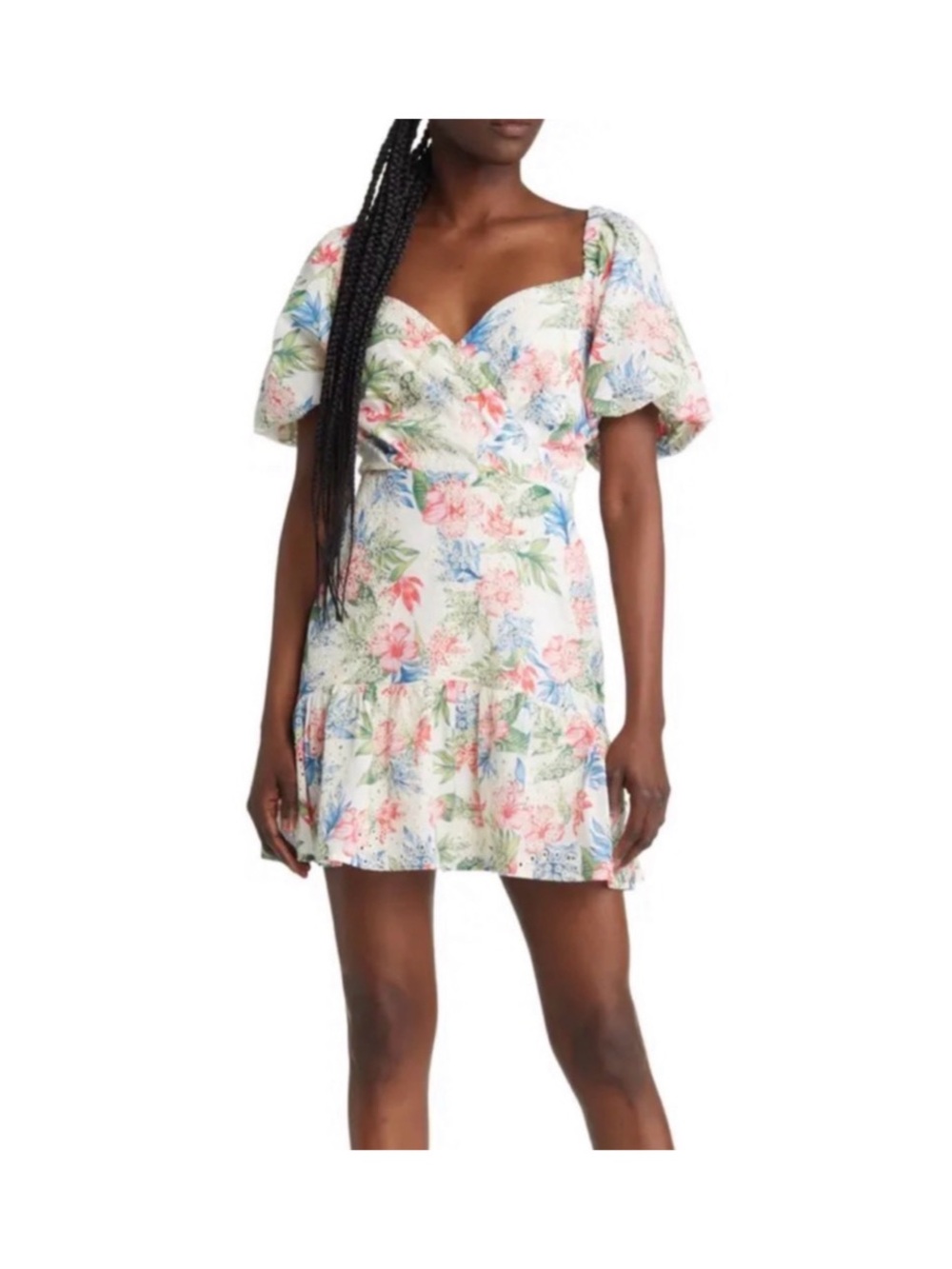 Adelyn Rae White Floral Sweetheart Puff-Sleeve Mini Dress